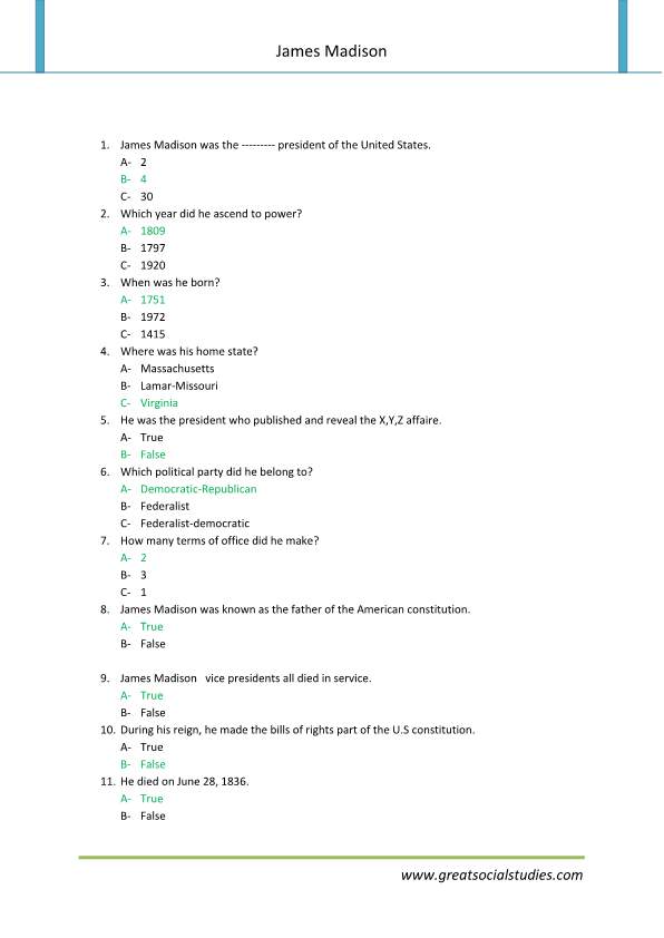 James Madison facts, facts about James Madison, Worksheets | GREAT